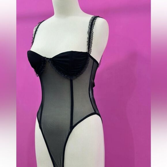 Black Mesh Bodysuit with Lace Straps and Ruffled Cup Details - Picture 2 of 8